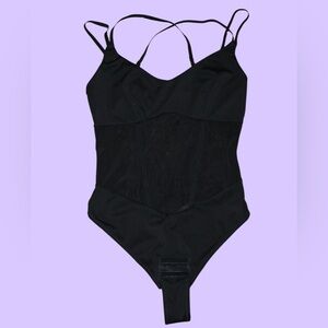 Popilush Black Sculpting Shapewear Bodysuit Strappy Back Mesh Waist Size S